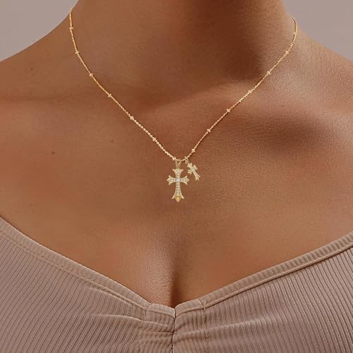 Double Cross Necklace 18K Gold Plated Cross Pendant Necklace Diamond Big Cross Charm Link Chain Choker Delicate Faith Jewelry2