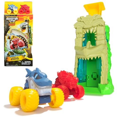 Image of Monster Jam Mini Jams Megalodon Jungle Blaster Launcher Playset | Includes 2 Mini Trucks & Launcher, Launch Rapid-Fire Action, Stores up to 5 Mini Trucks, Toys for Ages 3 and Up