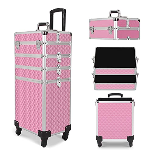 CAMORSA 4 in 1 Professional Makeup Train Cases Large Storage Cosmetic Case 4 Wheels Lockable Rolling Makeup Trolley Diamond Surface (PINK)