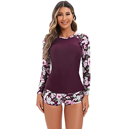 Maillot de bain à manches longues rash guard 2 pièces femme imprimé floral XL