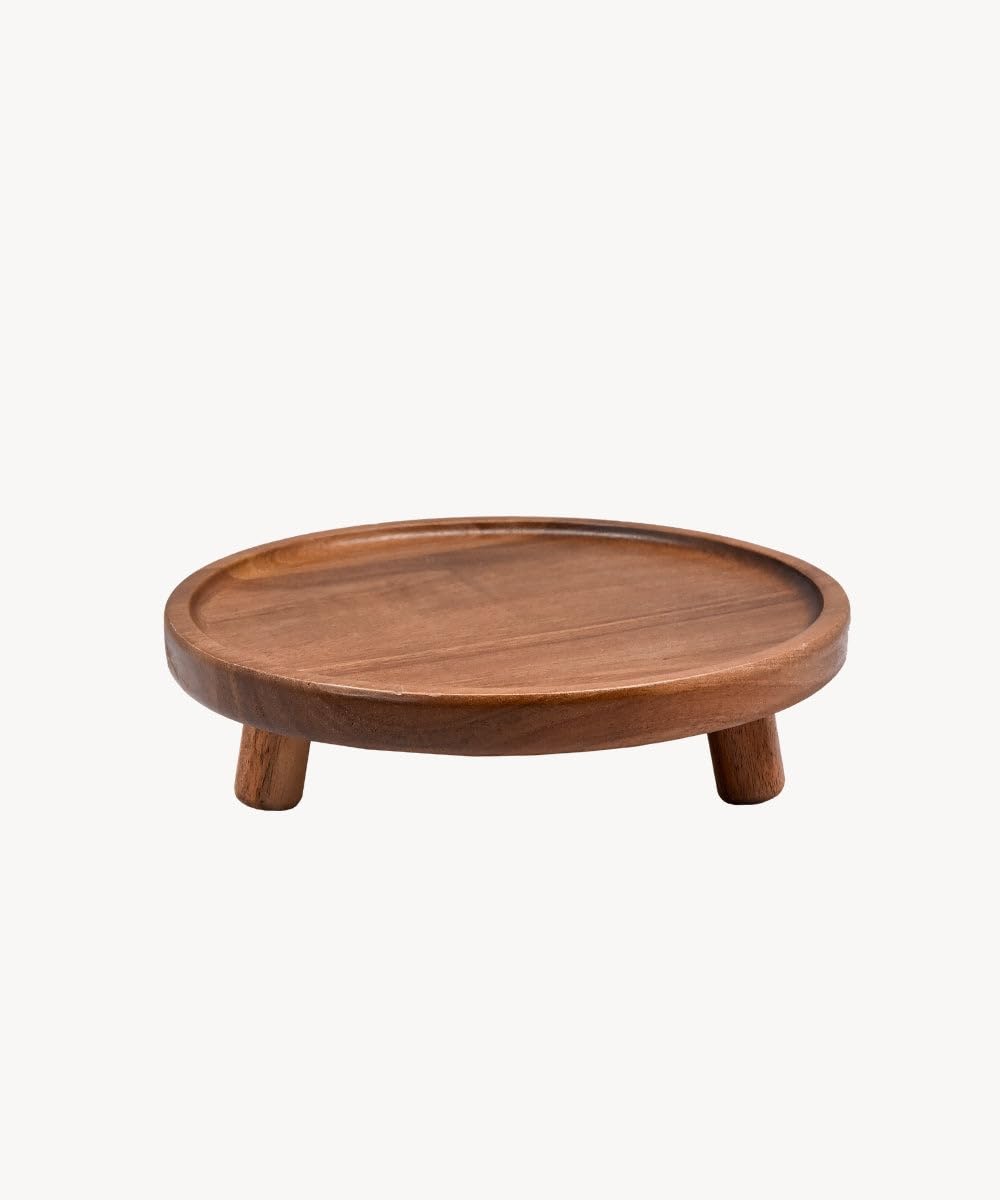 Zoha Akazie Lumo Platte - Servierplatte Akazienholz Rund mit Fuß | Tortenplatte Holz Erhöht Handgefertigt | Kuchenplatte Deko Natur Massiv | Servierteller Käseplatte Küche Geschenk