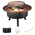 BOVONO 35 Inch Fire Pit, Outdoor Wood Burning Fire Pits, Metal Round Bonfire Firepit with Grill Grate for Backyard, Patio, Camping(Black)