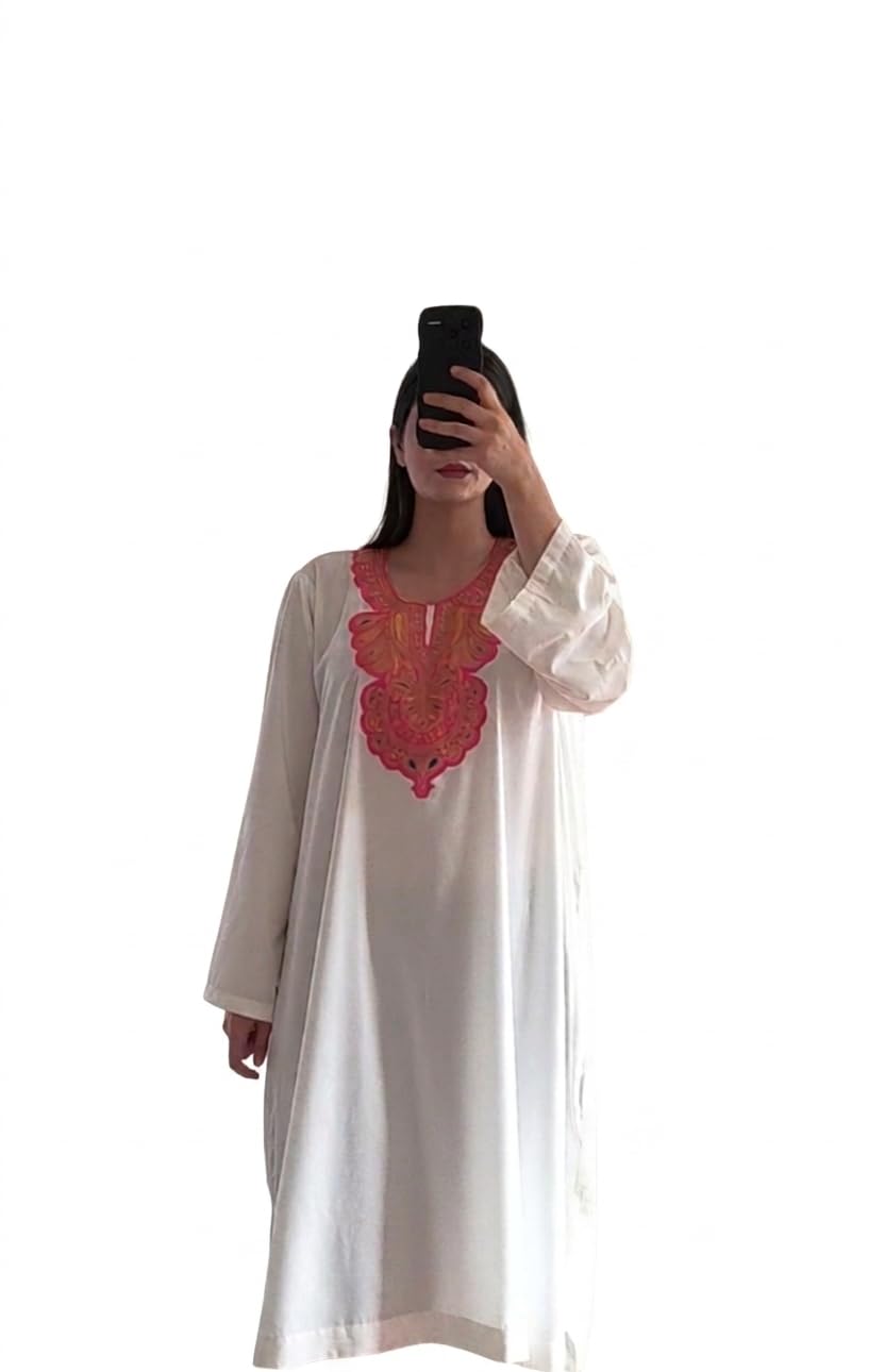 Kashmiri Wear - Women's Offwhite Premium Cotton Full Sleeves Pheran/Phiran Tunic with Magenta Pink Neck Patch Machine Tilla - Loose Fit Kaftan Summer Traditional Dress-image-8