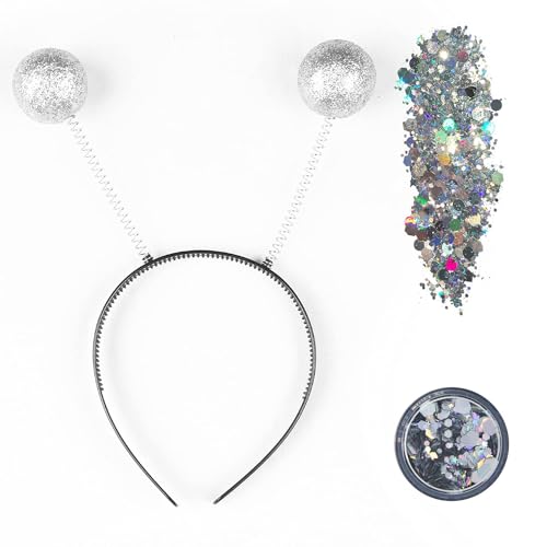 AKSXU Alien Haarreif,Haarreif Glitzerkugeln Silber und Holografischer Glitter für Karneval Kostümparty,Alien Kostüm,Weltall Kostüm,Halloween,Space Girl,Fasching Kopfschmuck für Damen Mädchen Kinder