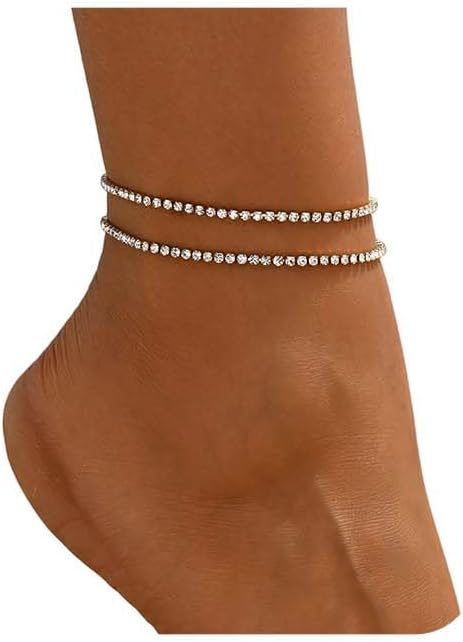 18K Gold Plated Anklets for Women Dainty Non Tarnish Ankle Bracelets Cuban Link Chain Anklets Layered Heart Beads Rhinestone Anklet Trendy Foot Jewelry