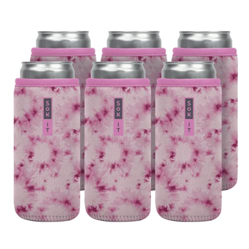Sok It CanSok 6 Pack Neoprene Beer & Soda Sleeve (Pink Splash Tie Dye, 12oz, Slim)
