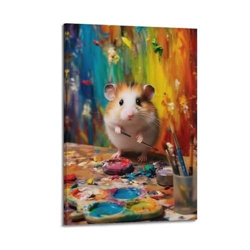 Impression sur toile hamster peintre QXYUIN tableau encadré pour chambre 30x45 cm