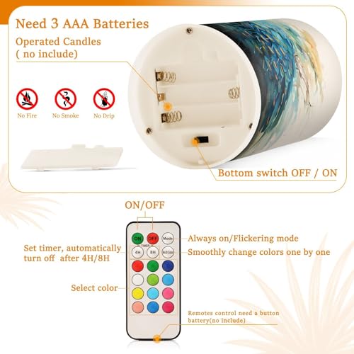 Image of ALAZA Blue Peacock Yellow Flowers Flickering Flameless Candles Battery Operated with Remote Timer,Tea Light Candles LED Pillar Votive Candles Set of 2 for Outdoor Indoor Decorations