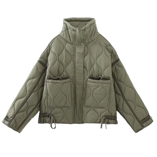 HangNiFang Women's Stand Collar Puffer Jacket Long Sleeve Drawstring Quilted Jacket Coat