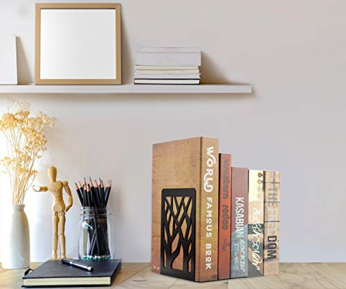 I-WILL Book Ends for Shelves Heavy Duty Metal Desk Bookends Decorative Tree Unique Design Book Stopper Supports Non Skid Bookshelf Holder Stand for Kids Children Adults in Office and School - Black