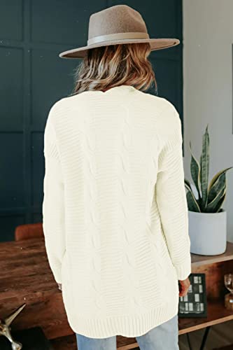Merokeety Women's Long Sleeve Cable Knit Cardigan Sweaters Open Front Fall Outwear Coat White #TOP2