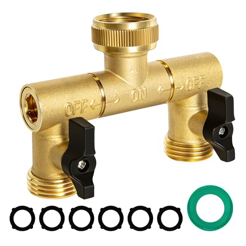 360° Swivel Garden Hose Splitter 2 Way, Solid Brass Water Hose Splitter with Dual Shutoff Valves, 3/4