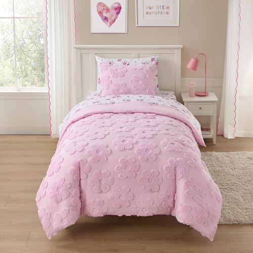 Image of Kids Twin Size Bed in a Bag Tufted Comforter & Sheet Set - Complete Bedding Set with Corner Strap Fitted Sheet, Ultra Soft Lightweight All Season Comforter, Girls Bedroom, Dorm, Guest Room