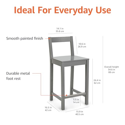 Image of Amazon Basics Wooden Counter Height Bar Stool with Backrest, 24 inch, Grey, Set of 2