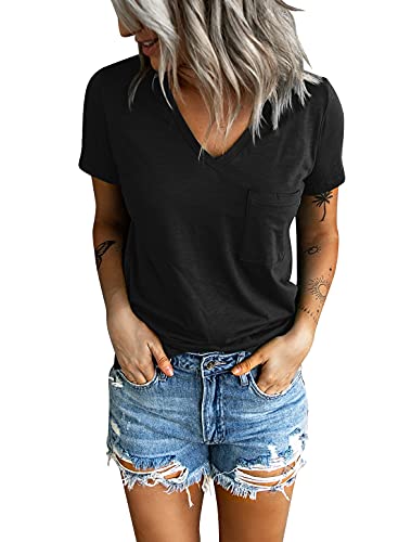 Sunborui Women's Summer Short Sleeve V Neck T Shirts Pocket Solid Loose Casual Tee Tops (Black, Large) #TOP7