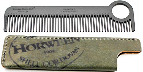 Chicago Comb Model 1 Carbon Fiber Comb + Olive Shell Cordovan Horween leather sheath, Made in USA, ultimate pocket & travel comb, smooth strong & light, anti-static, premium American leather