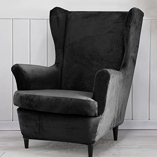 Wing Back Slipcover Velvet Chair Cover,Plush Chair Covers Armchair,Furniture Covers Protector for Living Room Bedroom Decoration (Velvet Dark Gray)