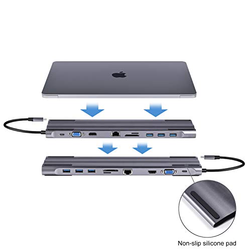 Image of Microware 11 in 1 USB C Hub with PD & Dual Displays Capability, 1000M RJ45 Ethernet, 4K HDMI, VGA, USB 3.0 Ports, Card Reader, Audio /Mic Port for Mack-Book, Surface Book, Chromebook
