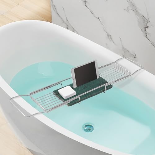 Expandable Bathtub Tray Caddy Shelf with Marble Table Mobile/Tablet Stand, Luxury Bath Tub Tray Rack, Bathroom Home Spa Shower Accessories Perfect Relaxing Spa Gifts for Women, Towel