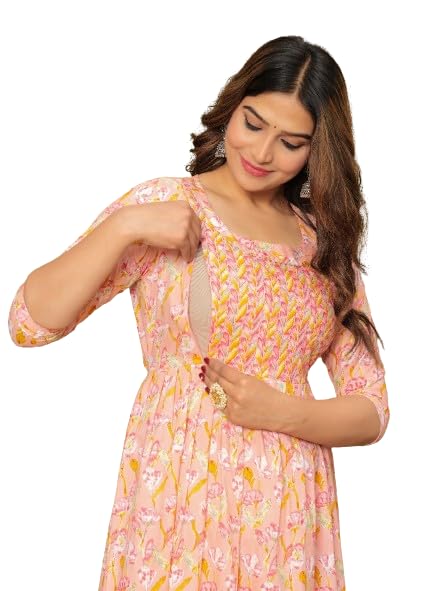 Image of Maternity Feeding Kurti for Women | Cotton Blend Anarkali Dress with Nursing Zip for Pre & Post Pregnancy