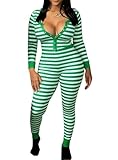 Luckinbaby Women Christmas One Piece Romper Striped Long Sleeve Button Down Jumpsuit Christmas Pajamas Jumpsuit Sleepwear(Casual White,Small)