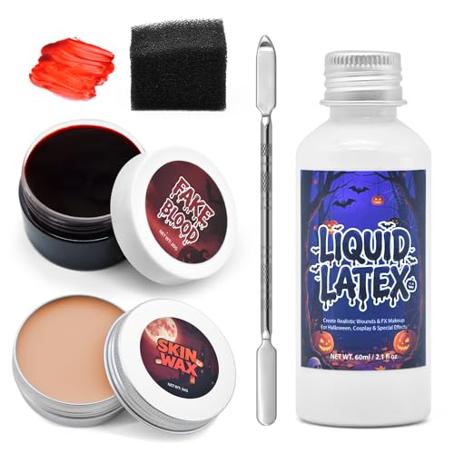 Image of 5 Piece Scar Wax SFX Makeup Kit with Fake Blood Gel, Skin Wax, Black Sponge, Spatula Tool, Liquid Latex, Halloween Special Effects Wound Modeling SFX Stage Fancy Dress Up Cosplay Kit