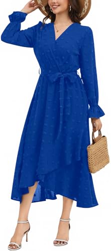 Women Swiss Dot Maxi Dressses Wrap V Neck Flutter Long Sleeve Boho Casual Flowy Long Wedding Guest Dress with Belt,Small