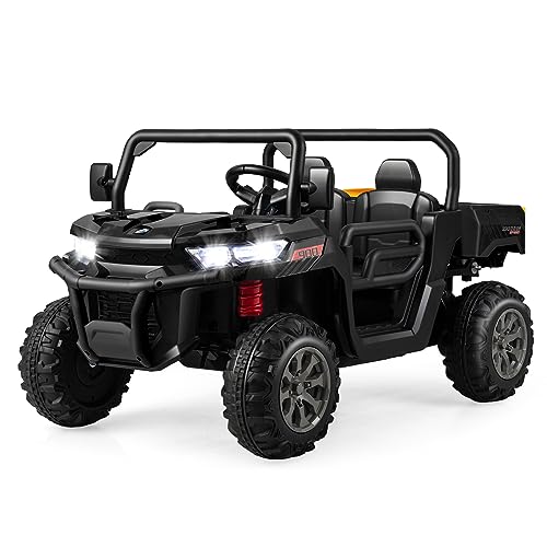 GOPLUS Kinder Elektroauto, 2-Sitzer Kinderauto mit Kippbett, Schaufel & Fernbedienung & Musik & Scheinwerfer & Hupe, 12V Kinderfahrzeug mit Slow-Start-Funktion & Sicherheitsgurt (Schwarz)