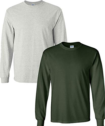 Image of Gildan Ultra Cotton Long Sleeve T-Shirt 2-PackAsh-ForestGreen XL