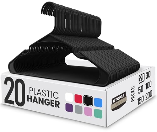 Utopia Home Plastic Hangers 20 Pack - Perfect Space Saving Clothes Hanger - Durable and Strong - Perfect Closet Organizers with Shoulder Grooves (Black)