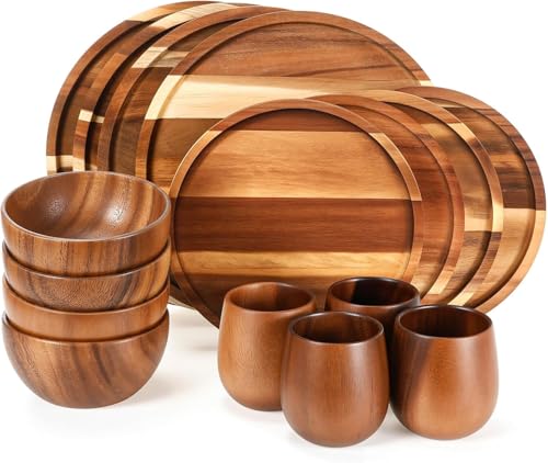Juego de vajilla de madera de acacia de 16 piezas, platos redondos de madera, cuencos de madera maciza y tazas de té, fácil de limpiar y ligero para platos, aperitivos, postres, juego para 4