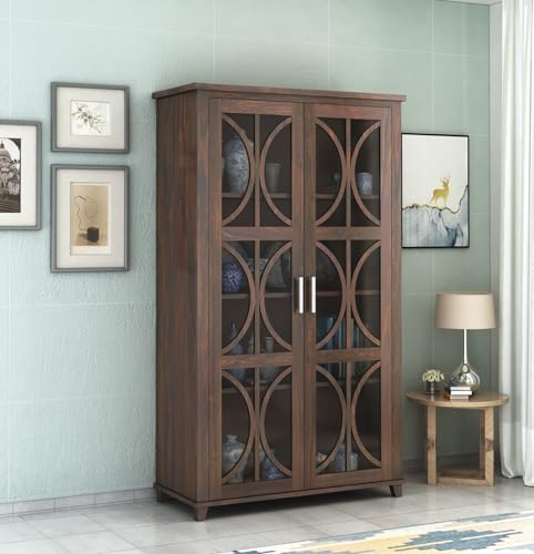 Image of SONA ART & CRAFTS Solid Sheesham Wood Crockery Cabinets with Glass Door | Wooden Showcase Almirah | Solid Wood Book Shelf for Home Crockery Unit for Kitchen Living Room (Walnut Finish)