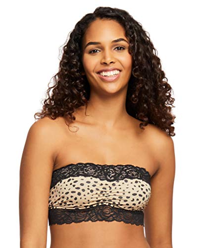 Forever 21 Women's Cheetah Lace Trim Bandeau Bra Strapless Bralette Soft Tube Top Bra, Black/Multi, Small