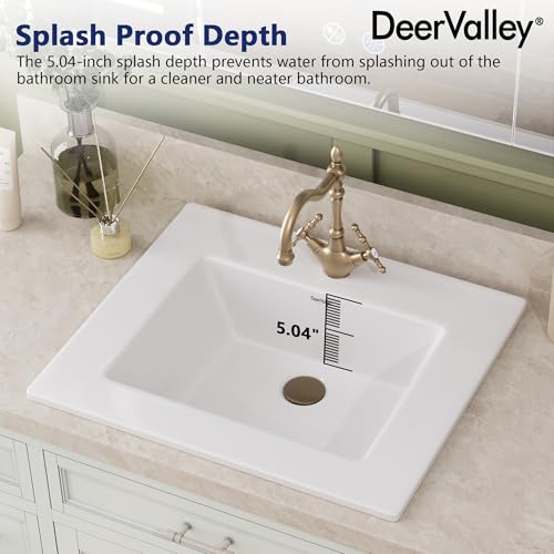DeerValley Rectangle Drop-In Bathroom Sink 21x18 Inch, White Ceramic Vessel with Overflow and Pre-Drilled Faucet Hole
