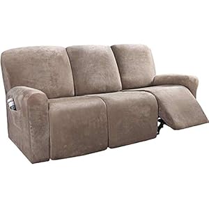 LINGKY 8-Pieces Recliner Sofa Covers Velvet Stretch Armchair Covers With Side Pocket Thick Soft Washable Sofa Covers 3 Seater Replacement Furniture Protector (Sofa, Taupe)