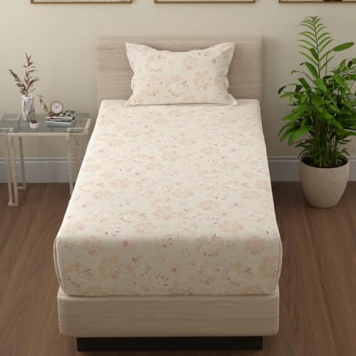 Image of Huesland by Ahmedabad Cotton 144 TC Bedsheet for Single Bed with 1 Pillow Cover | Moccasin, Pastle Orange & Antique White