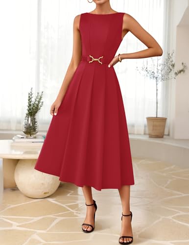 Image of ZESICA Women Summer Sleeveless Midi Dresses 2026 Elegant Boat Neck A Line Tie Waist Spring Cocktail Party Dress