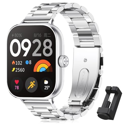 BDIG Stainless Steel Replacement Bracelet, Adjustable Buckle Strap for Xiaomi Redmi Watch 4/Xiaomi Mi Band 8 Pro, Black, Silver, 220mm