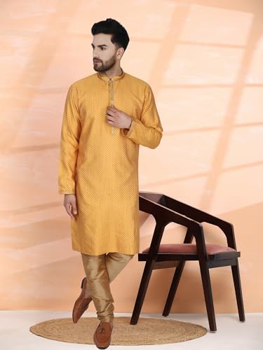 Image of SKAVIJ Men's Brocade Silk Embroidered Kurta Pajama Set Thread Work Festive Party Ethnic Dress
