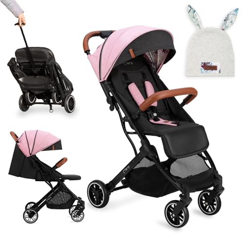 MoMi ESTELLE Kinderwagen ab 6. Monat (bis 15 kg), klappbarer Buggy mit 5-Punkt-Sicherheitsgurt, Einkaufskorb und Liegefunktion, Teleskop-Stange zum Ziehen, steht nach dem Zusammenklappen