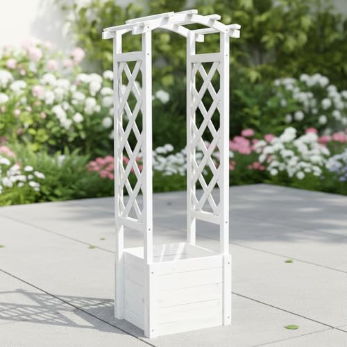 Mucola Rosenbogen mit Pflanzkasten Holz Spalier mit Blumenkasten Rankhilfe Deal für Kletterpflanzen Pflanzkübel Rosensäule Rankgitter - Weiß