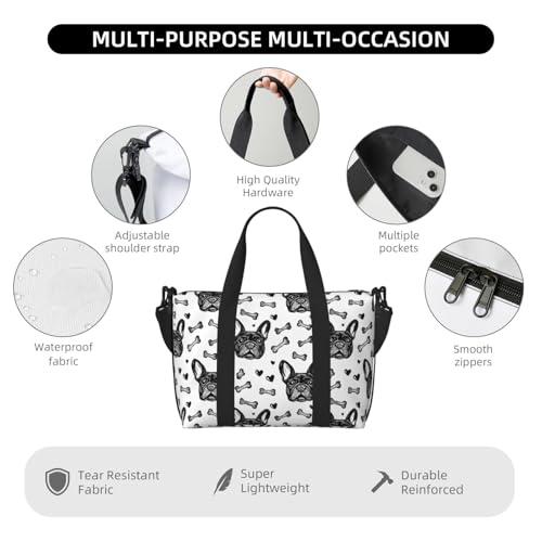 Laptop Tote Bag for Women Work - Black French Bulldog Print Weekender Overnight Bags for Women Travel, Gym Duffle Bag for Men, Personal Item Crossbody Travel Bags for Men Carry On3