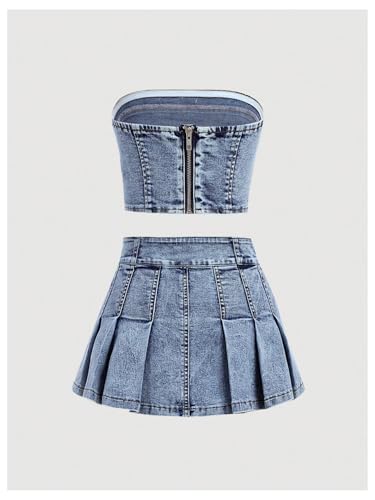 Image of WDIRARA Girl's Y2K 2 Piece Outfits Bandeau Tube Tops Jeans Denim Sets A Line Pleated Mini Skirt Set
