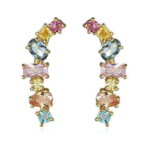 QKEPCY Crystals Ear Cuffs Hoop Climber S925 Sterling Silver 7 Colour Crystals Ear Crawler Earrings Geometric zirconia crystal earrings Hypoallergenic Earring Two ways to wear it (Gold) Cover