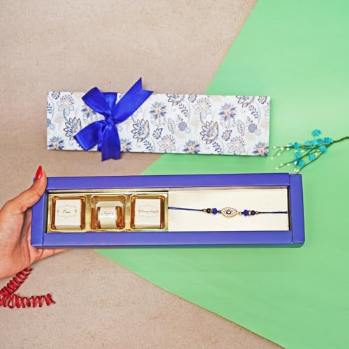 Image of Velvet Fine Chocolates Rakhi Mini Sweets Gift Box | Assorted Chocolates & Evil Eye Rakhi | Perfect Raksha Bandhan Gift | Pack of 1