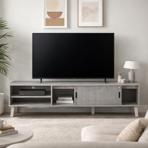 Modern 180cm Grey TV Cabinet with Grooved Sliding Doors Wooden Entertainment Unit with Open Shelves & Cable Management Hole 40cm Depth and 43cm Height Media Console for Living Room