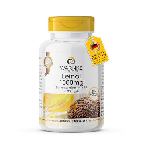 Leinöl Kapseln - 100 Softgels - Pflanzliches Omega 3-6-9 - hochdosiert - Flaxseed Oil 1000mg | Warnke Vitalstoffe - Deutsche Apothekenqualität