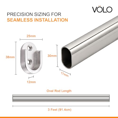 Image of VOLO Stainless Steel Oval Wardrobe Hanger Rod with End Supports - Heavy Duty Closet Hanging Rod for Clothes Storage, Wall-to-Wall Fitting (3 Ft, 3cm Thickness, Silver)