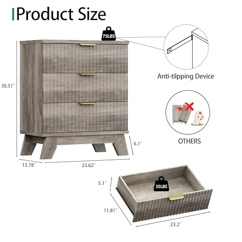 Fluted Nightstand, 24" Wide Side Table with 3 Large Storage Drawers, Mid Century Modern Wood Night Stand with Metal Handle, Wooden Bedside End Table for Bedroom, Living Room, Closet, Grey