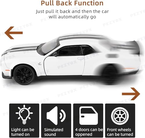 Image of 1:22 Dodge Challenger SRT Hellcat Die Cast Toy Car with Sound Light Pull Back Action Model Vehicle for Kids & Collectors Realistic Design Great Gift for Car Enthusiasts (White)